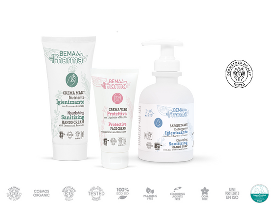The New BEMA Bio Pharma Sanitizing Care: Cleansing, Nourishing & Protective.